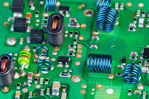 Detailed image of a green circuit board with a variety of colorful components and connections on the board. 